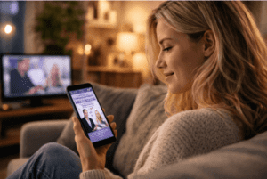 Kvinna kollar mobilen i soffan