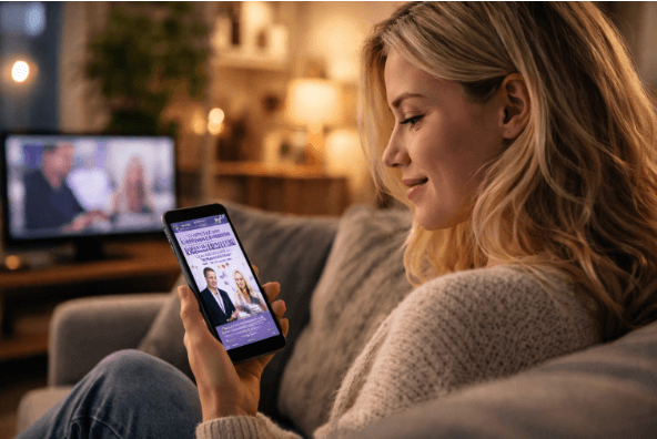 Kvinna kollar mobilen i soffan